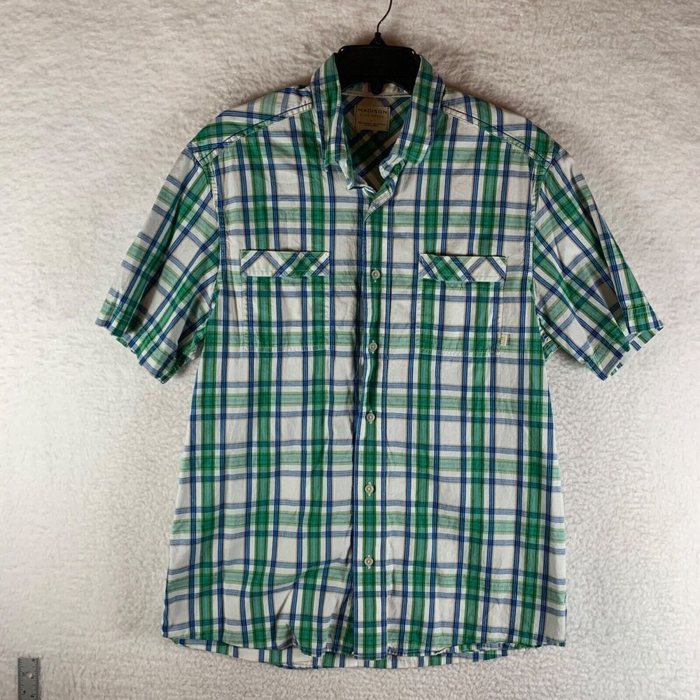 Madison Men's Short Sleeve Organic Cotton Live Green Plaid‎ Button Up Shirt L